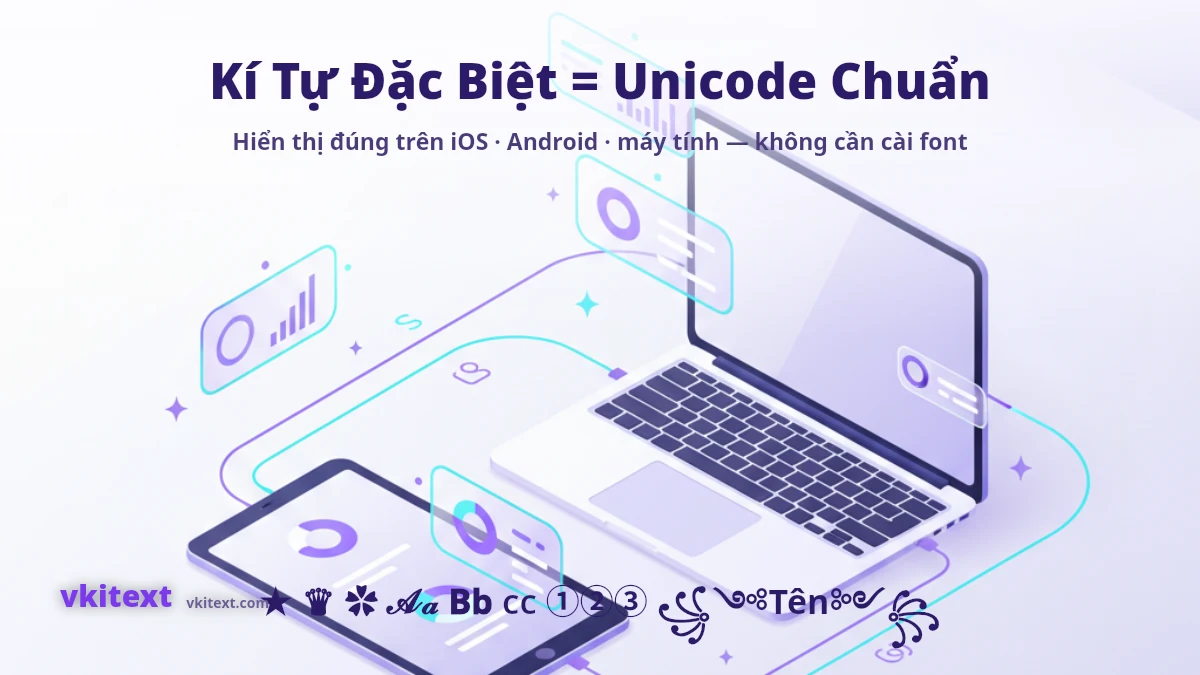 Kí tự đặc biệt là Unicode chuẩn hiển thị đúng trên iOS, Android và máy tính không cần cài font