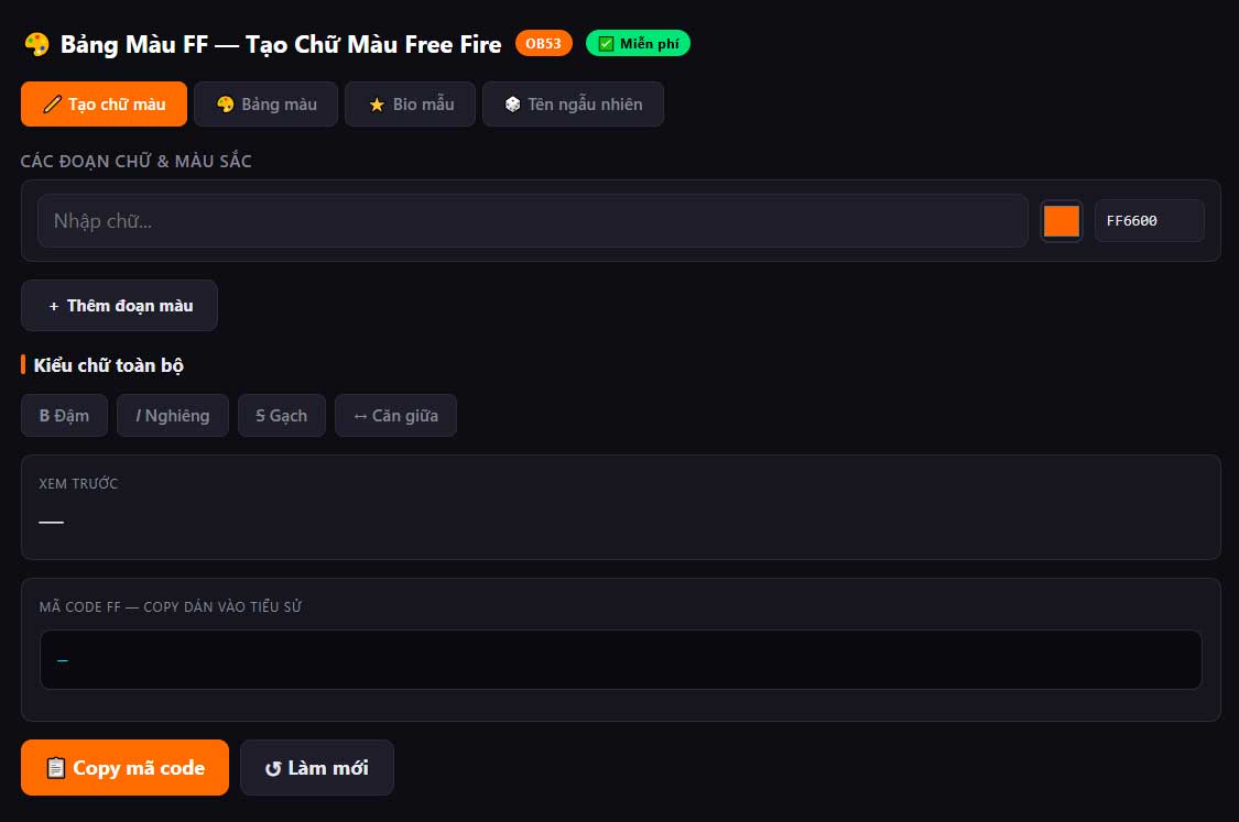 Bảng Màu FF — Kí Tự Màu Free Fire