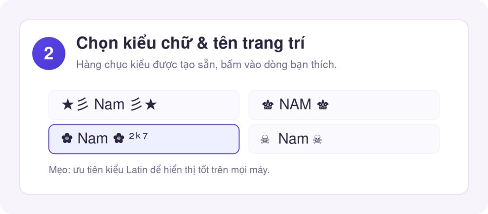 Bước 2: chọn kiểu chữ và tên trang trí FF ưng ý