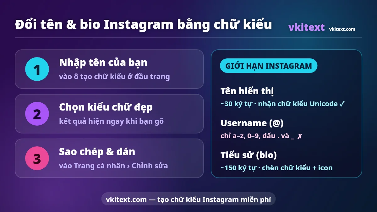 Cách đổi tên và bio Instagram bằng chữ kiểu trên Vkitext và giới hạn ký tự Instagram