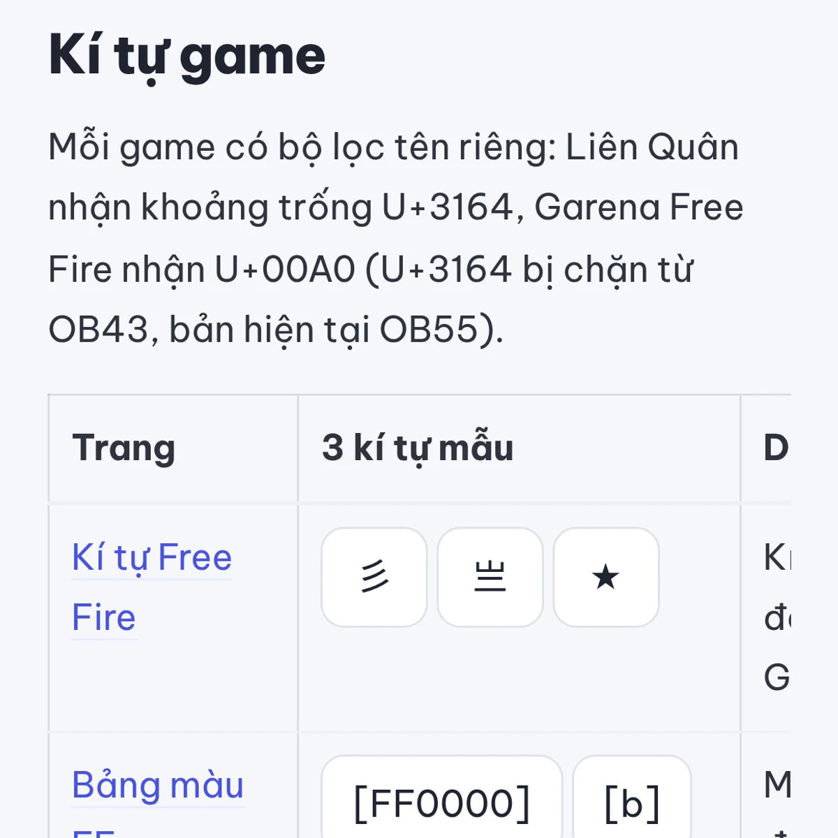 Ảnh chụp thật bảng kí tự game trên điện thoại: Free Fire, bảng màu FF, kí tự mẫu chép một chạm