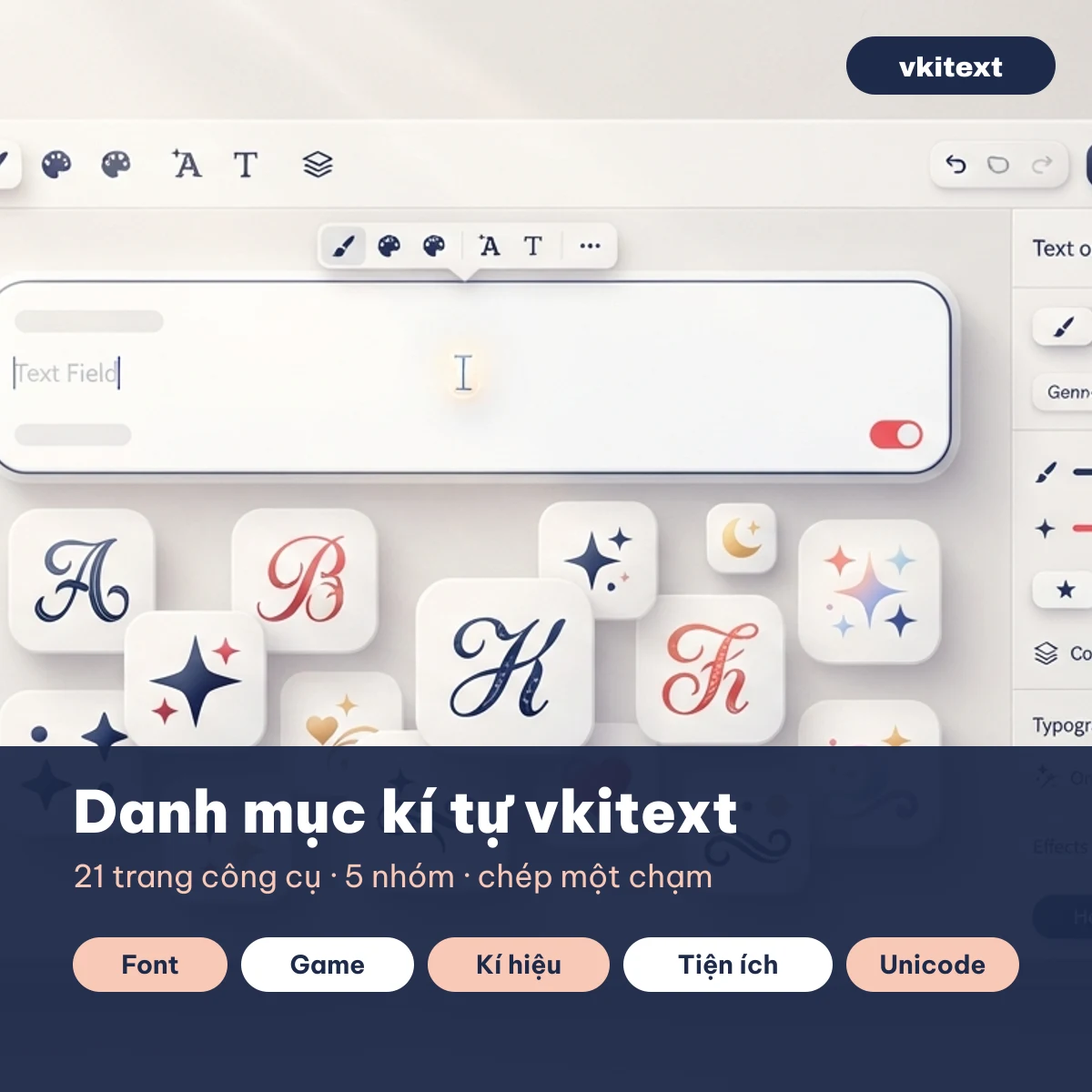 Danh mục kí tự đặc biệt vkitext: 21 trang công cụ chia 5 nhóm font, game, kí hiệu, tiện ích, Unicode